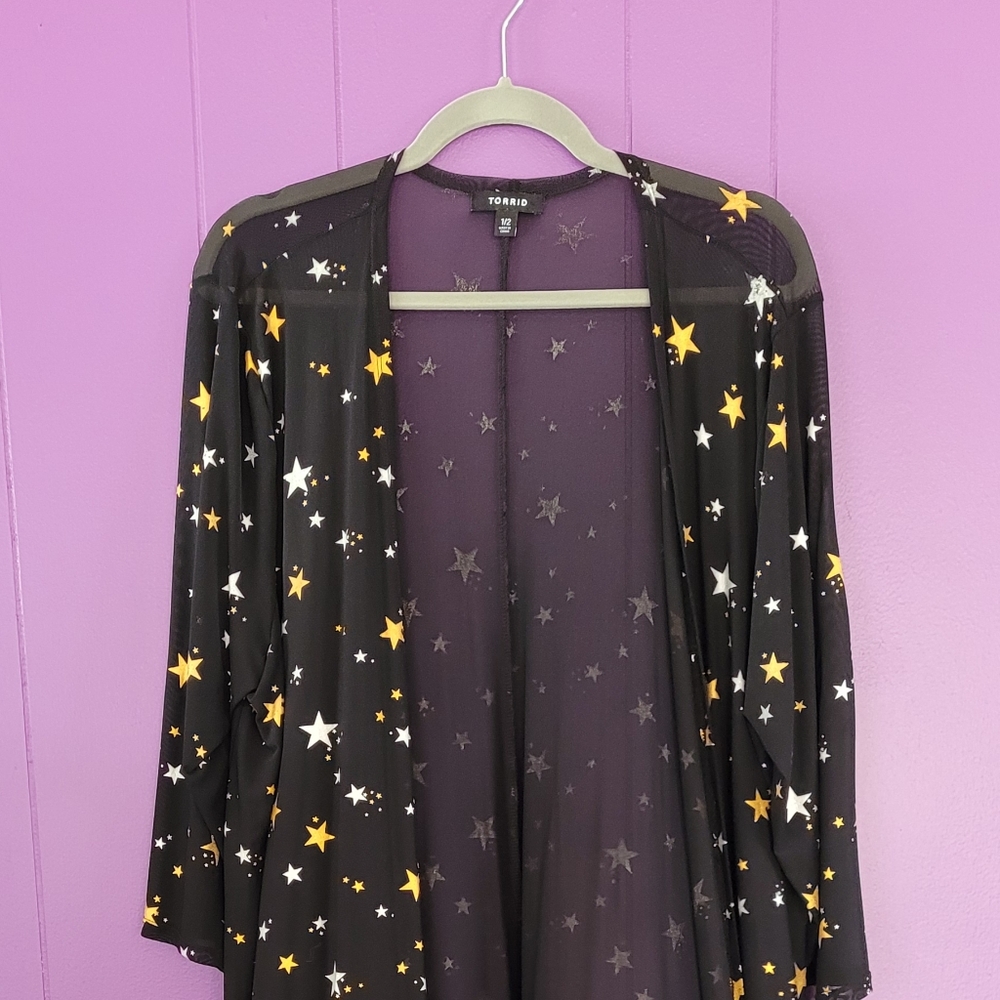 Torrid Black Star Foil Mesh Longline Kimono